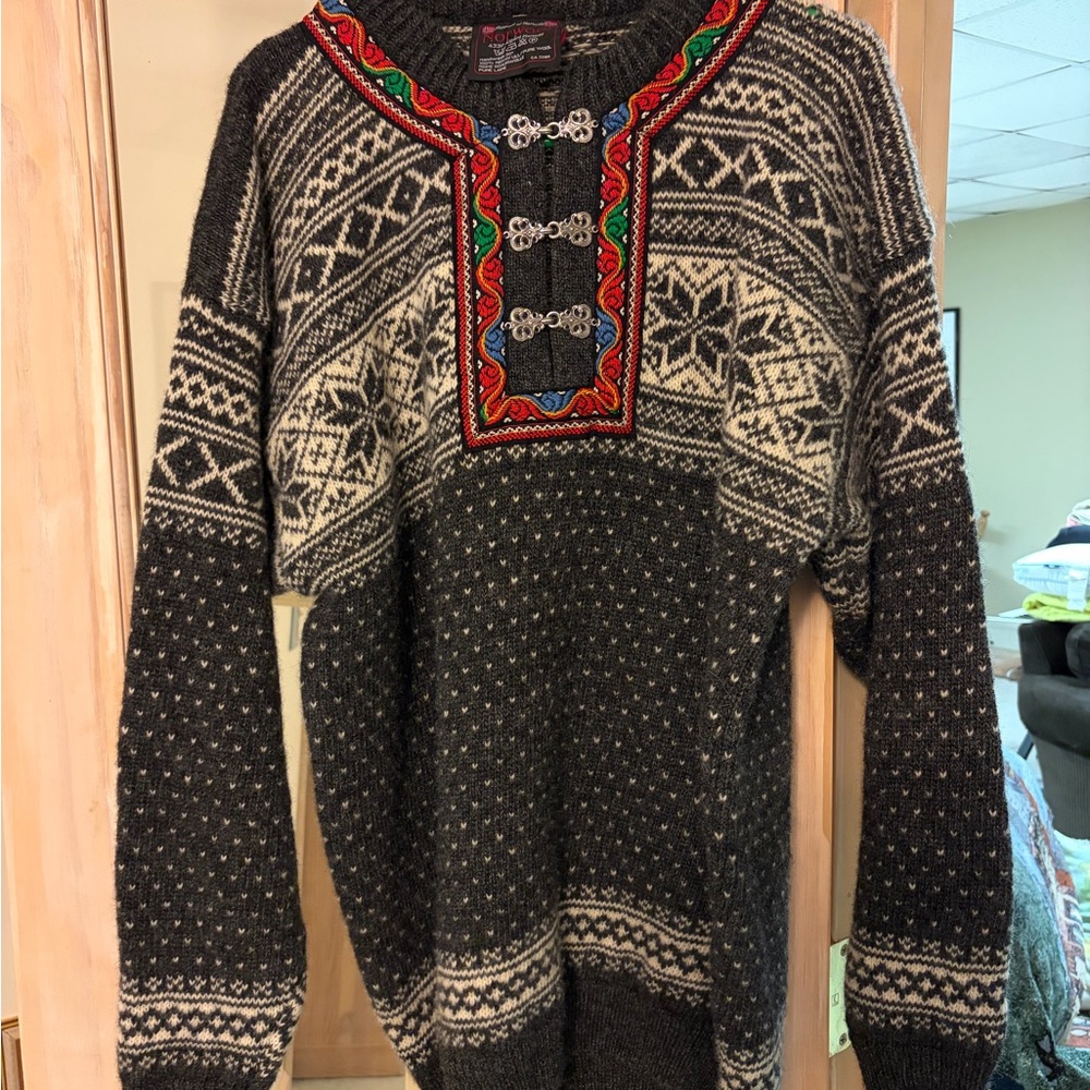 Norwegian-Style Black & Cream Sweater with Embroidered Placket